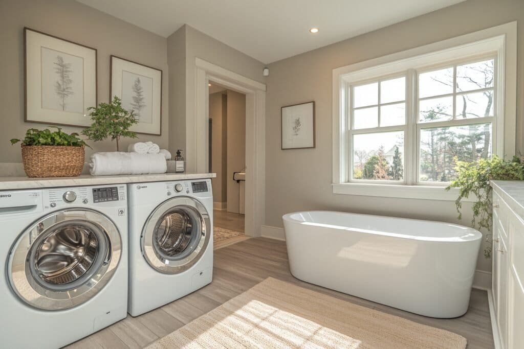 Modern bathroom with washer and clean toilet