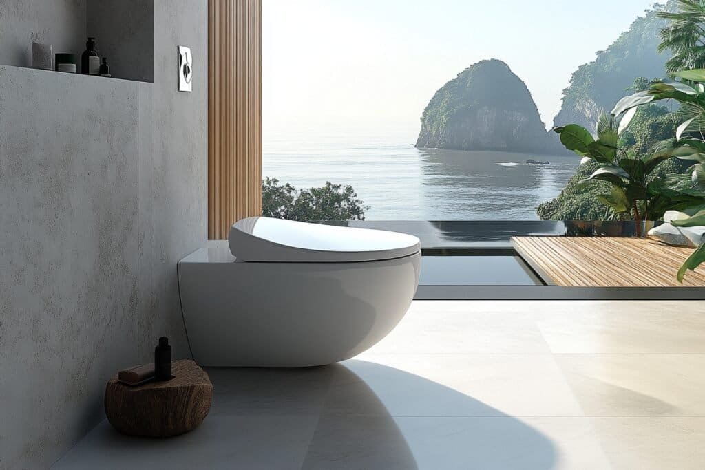 Modern toilet bowl in a minimalist bathroom