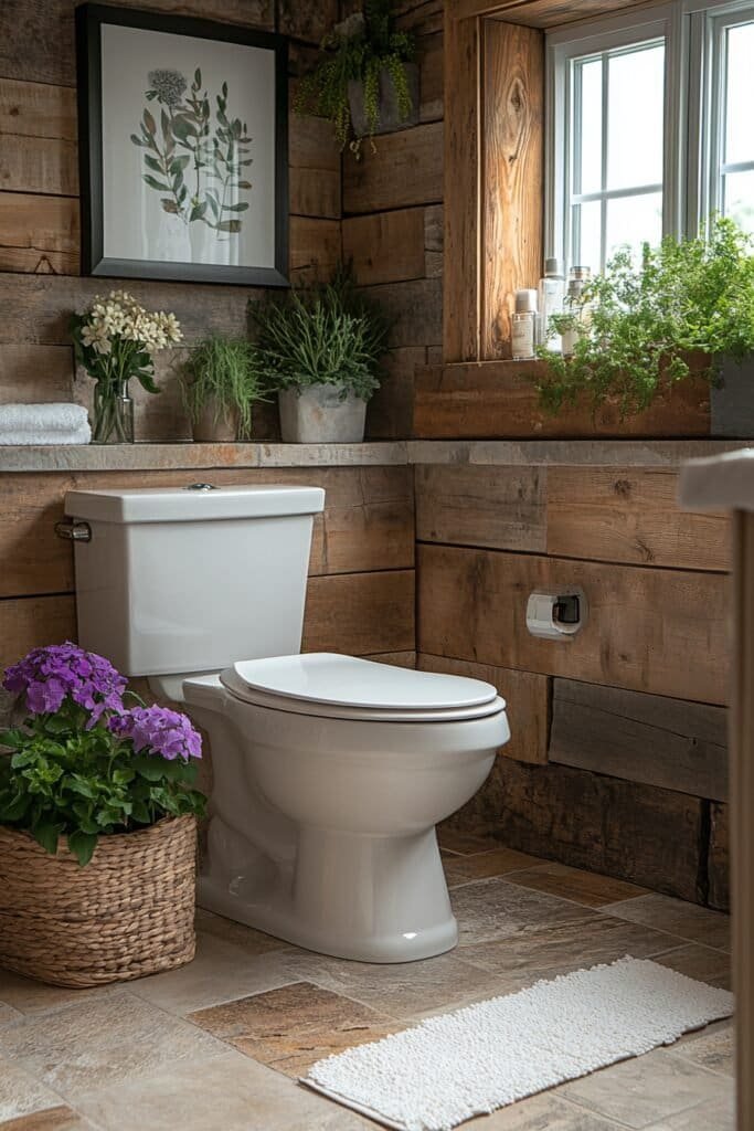 Porcelain toilet in a rustic bathroom design