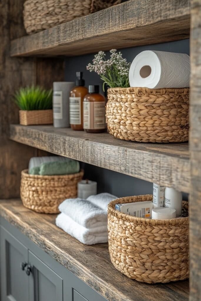 Rustic bathroom shelves with baskets for bathroom storage