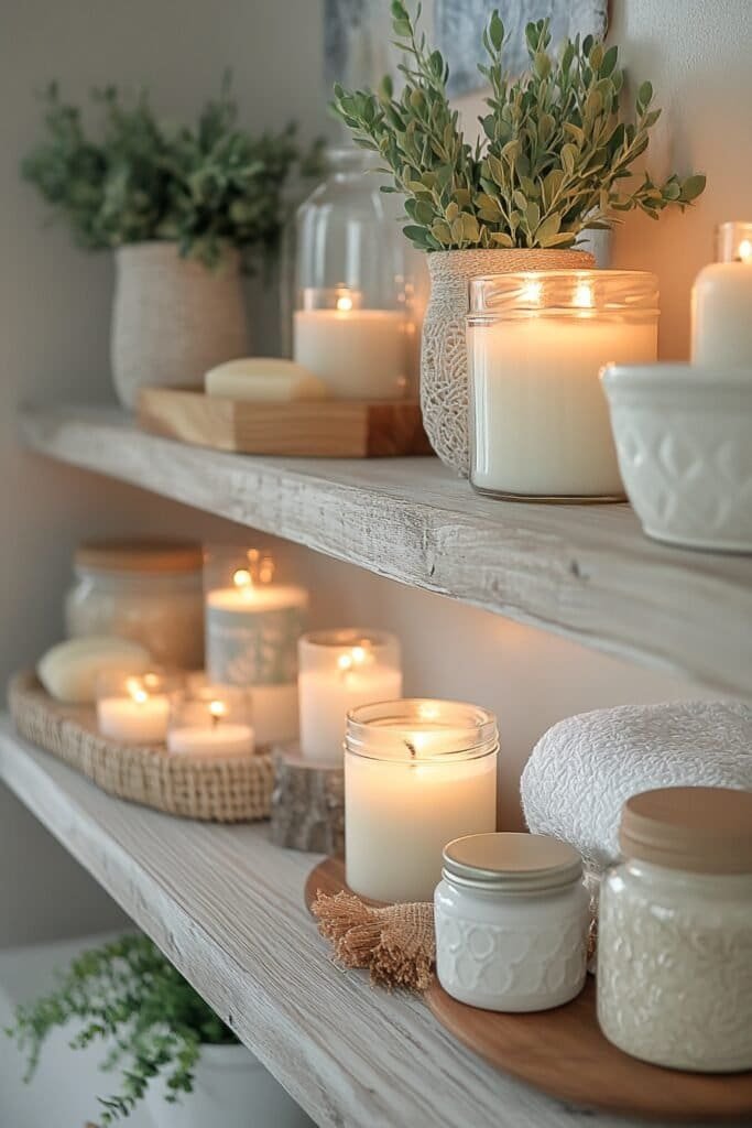 Small bathroom with floating shelves and stylish decor