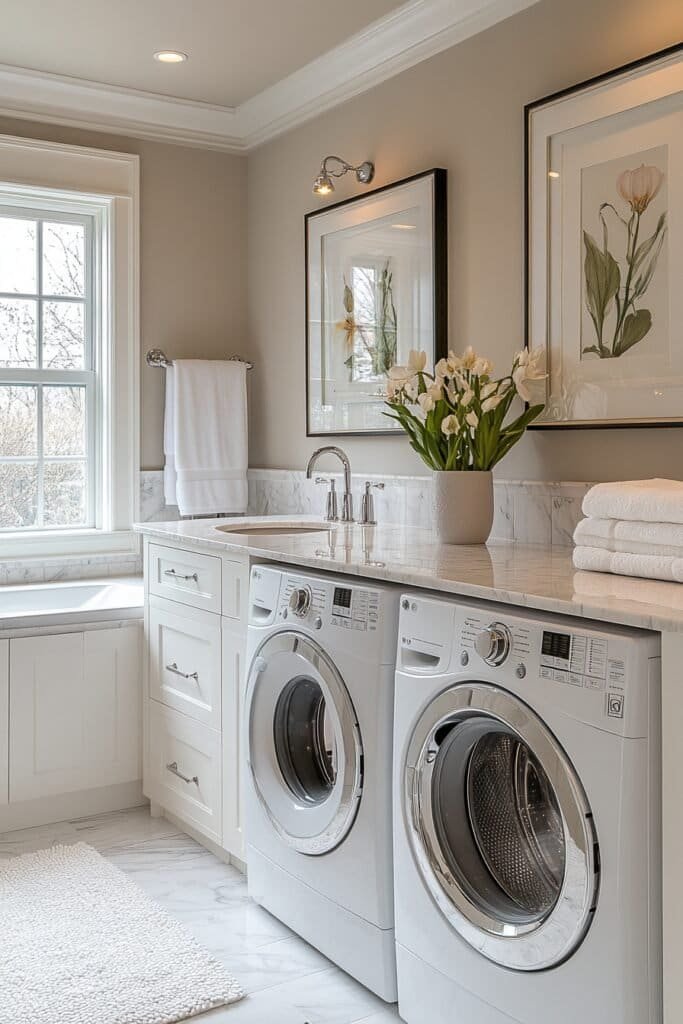 Spacious bathroom with washer next to toilet