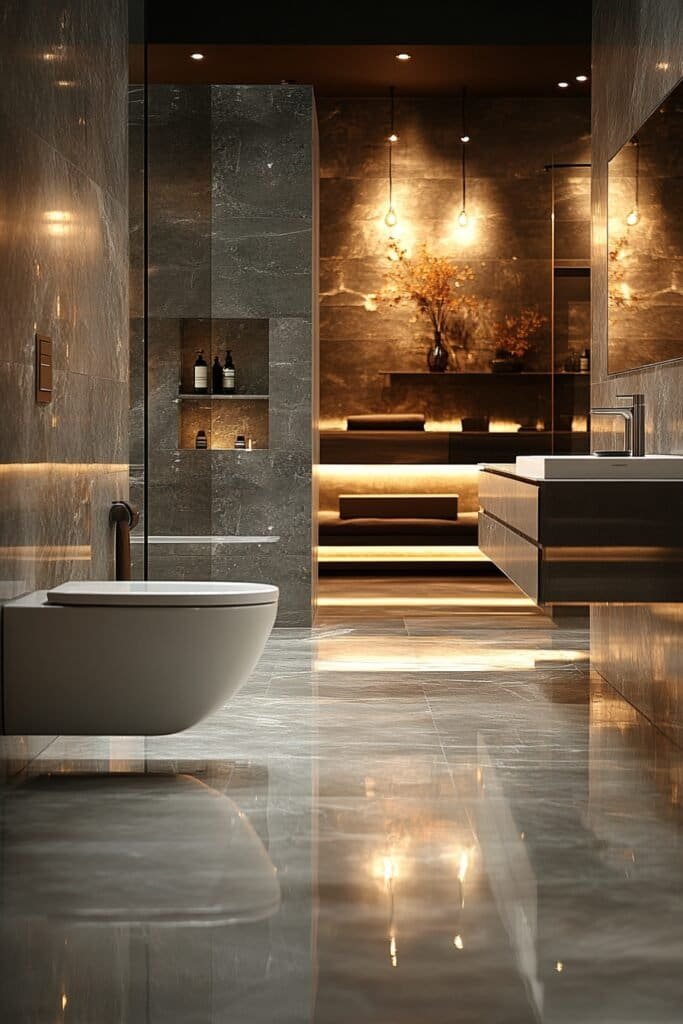 Tiled bathroom floor with modern fixtures