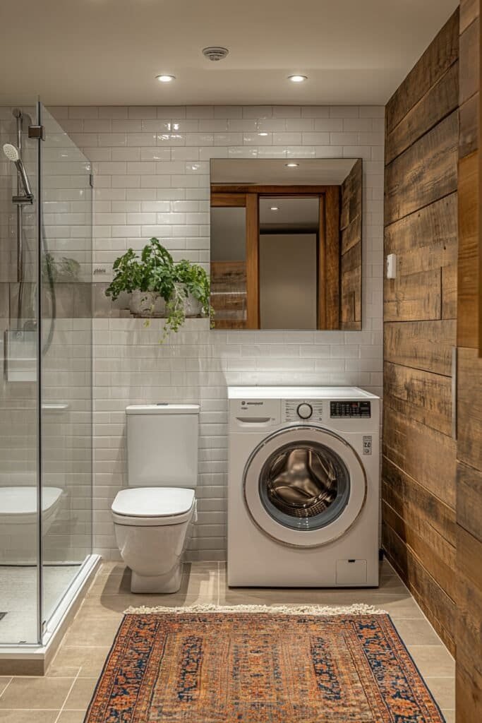 Bathroom with washer and toilet, showing practical design