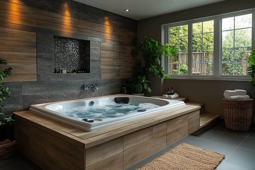 Air tub in a modern bathroom with jets for a relaxing soak.