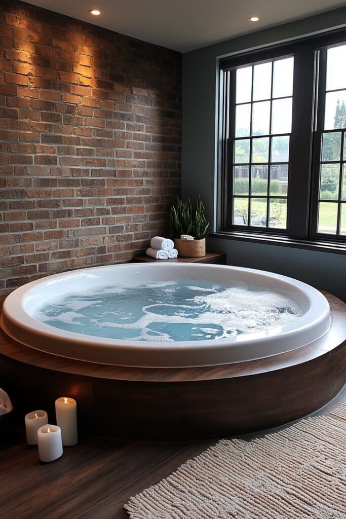 Air tub with soothing spa lighting in a home bathroom.