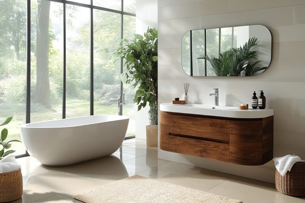 Modern bathroom featuring an anti fog mirror with LED lighting.