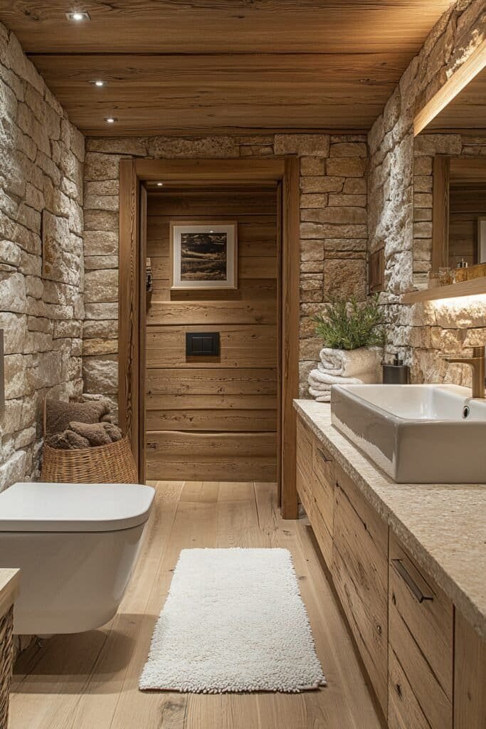 Rustic bathroom with an anti fog mirror and wood accents.