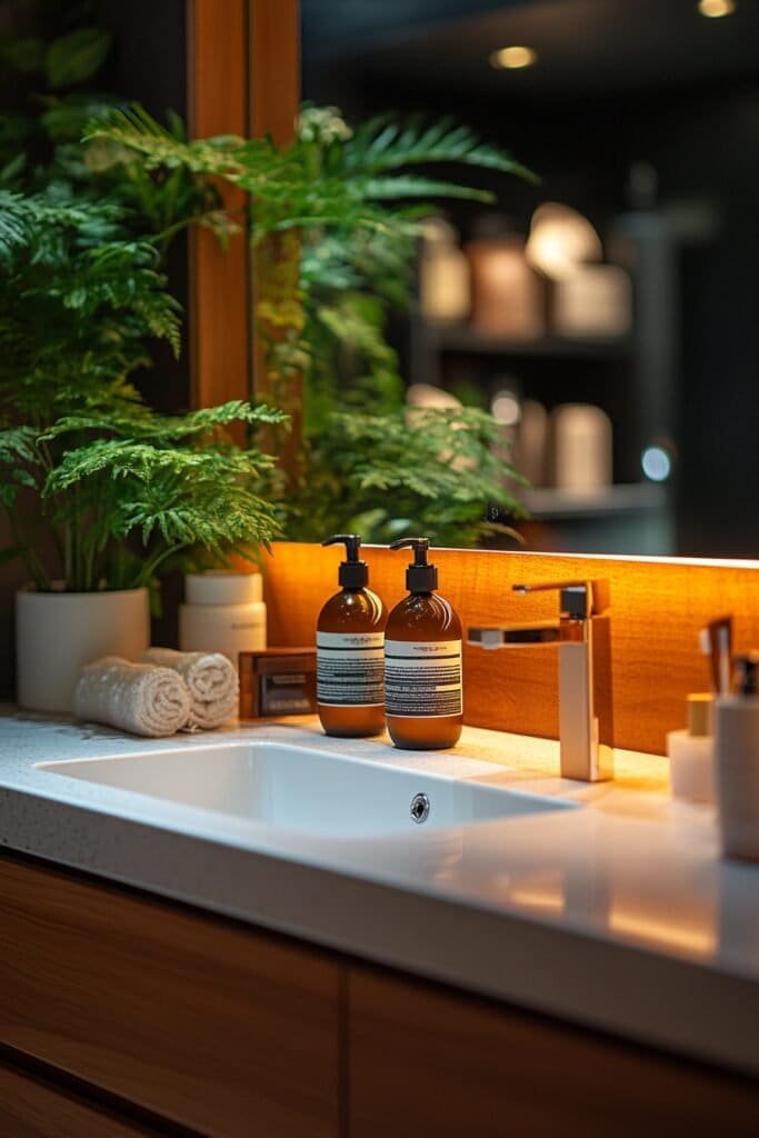 Vanity area in a bathroom with an anti fog mirror for daily use.