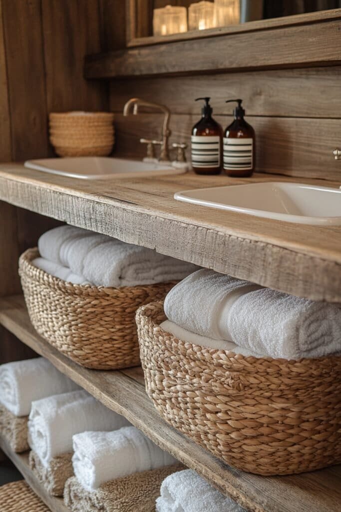 Woven baskets for bathroom storage, a Native American bathroom decor idea.