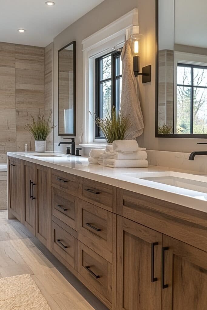 Bathroom mirror at standard height over double vanity.