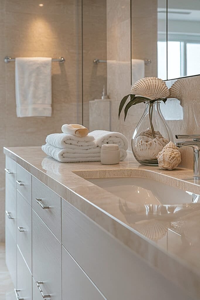 Beach-themed bathroom decor with sand and seashell accents.