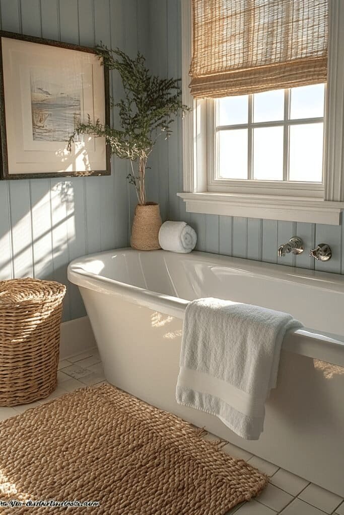 Beach-inspired bathroom with wicker storage baskets and natural decor.