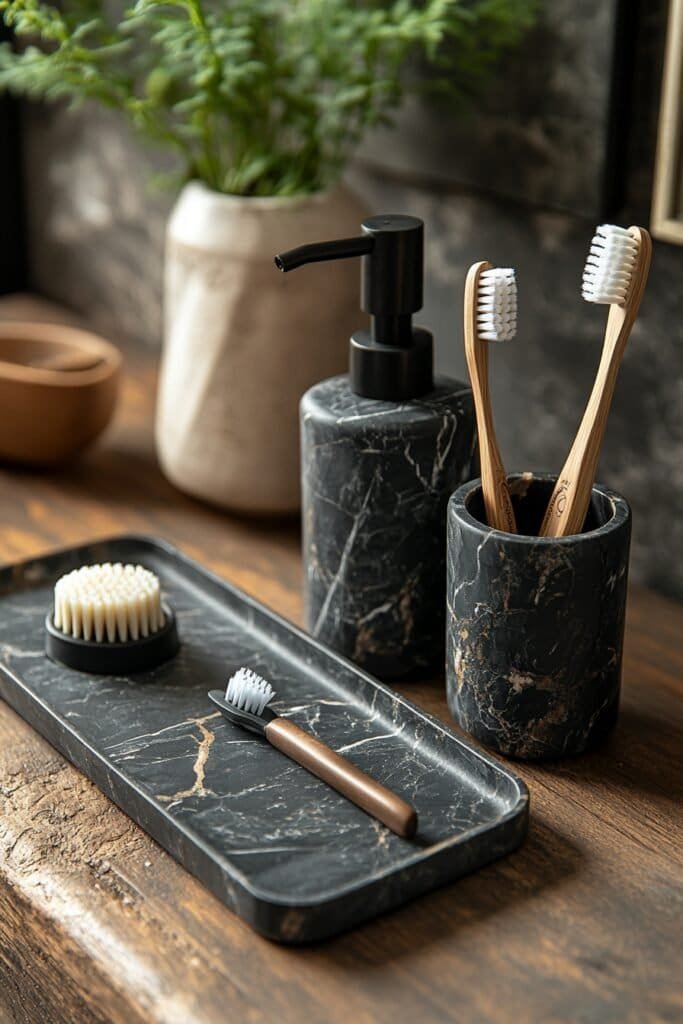 Complete black marble bathroom accessories set for a cohesive look