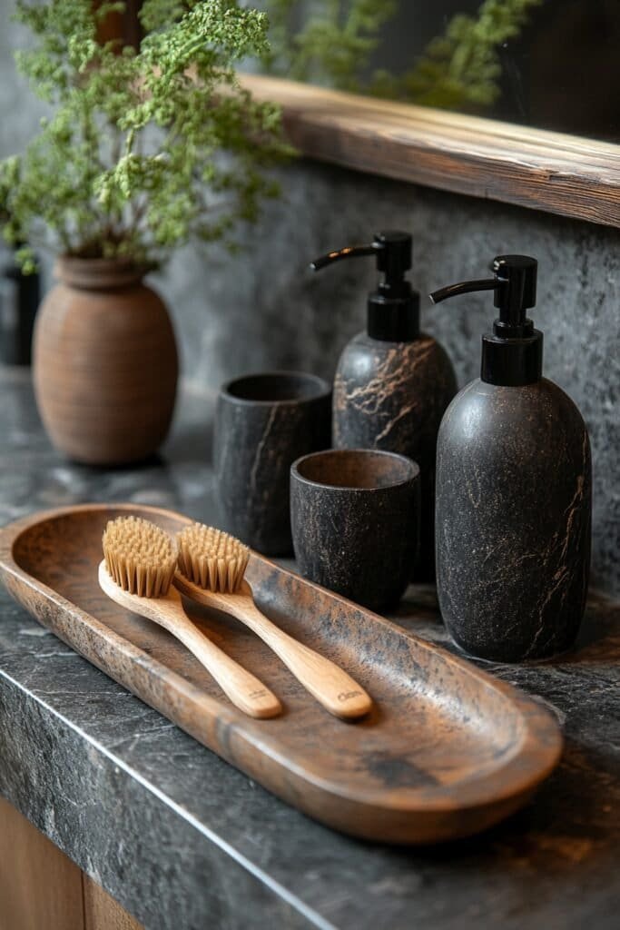 Black marble bathroom counter accessories for a high-end design