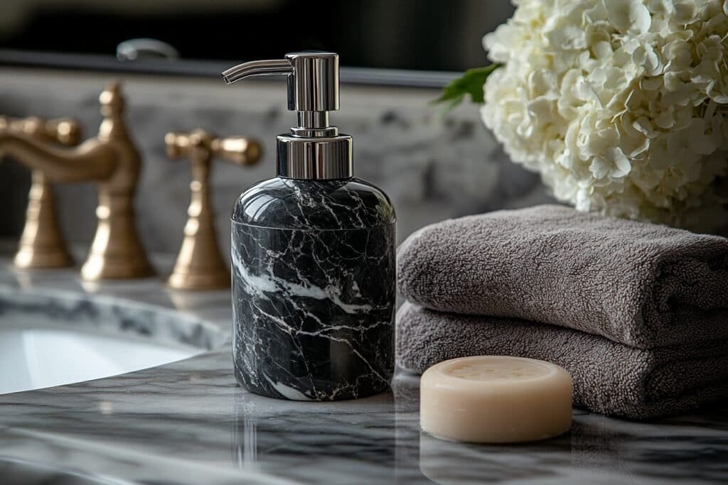 Black marble soap dispenser, a perfect addition to luxury bathrooms