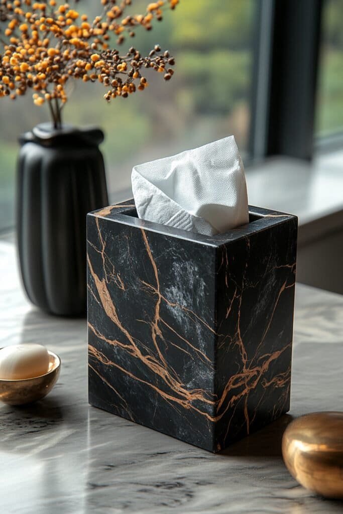 Black marble tissue box cover for a refined bathroom look