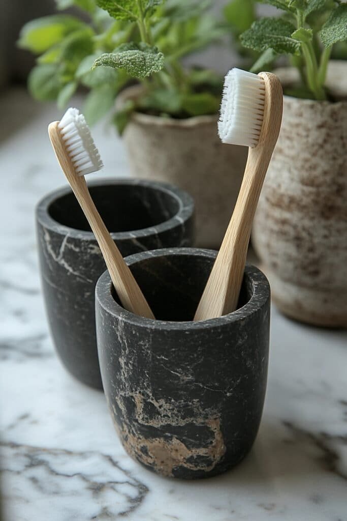 Black marble toothbrush holder and tumbler for elegant bathrooms