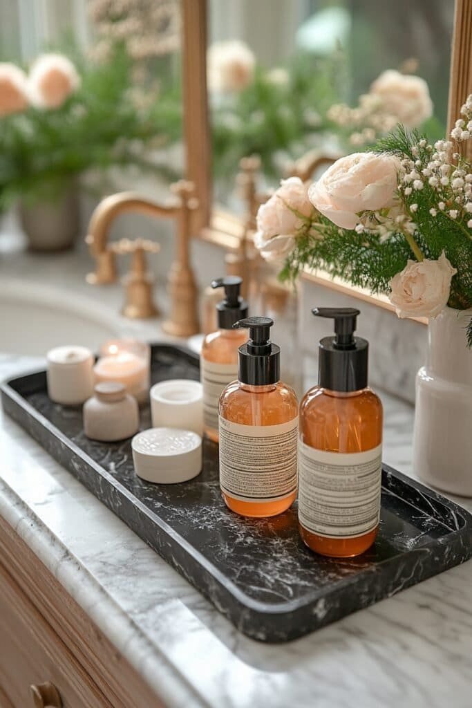 Black marble vanity tray for bathroom essentials