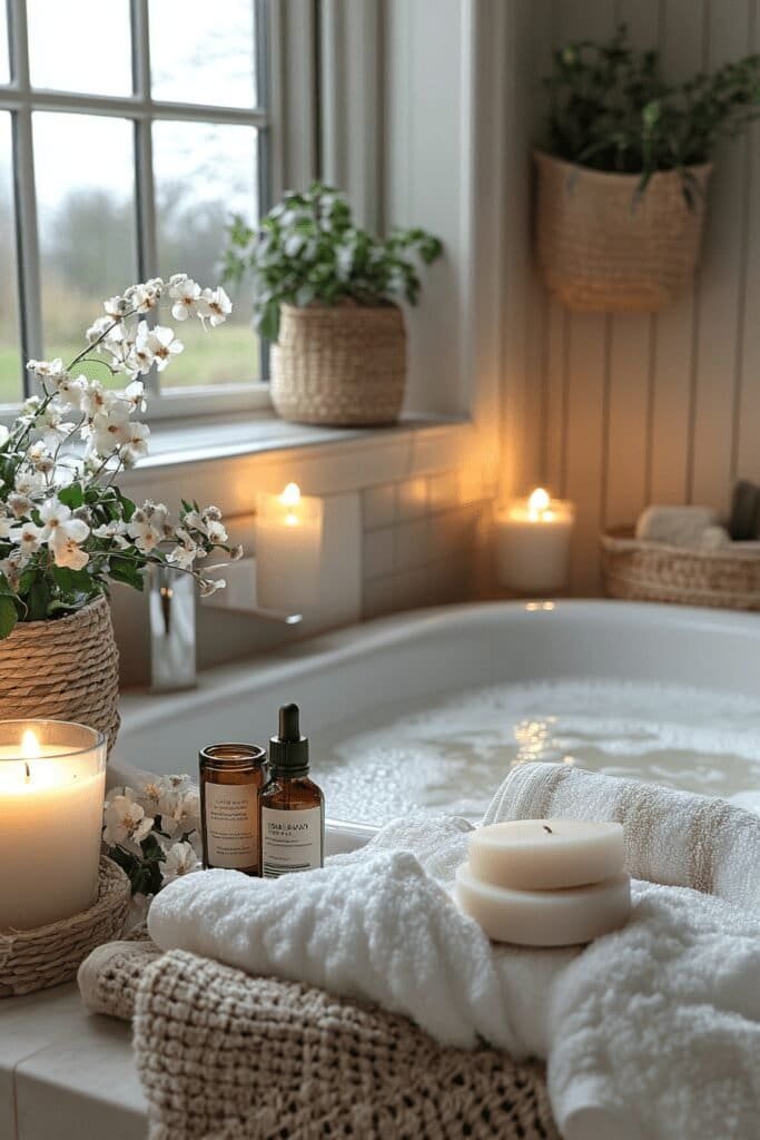 Bath in milk with essential oils and soothing decor for relaxation.