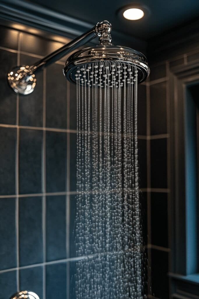 Chrome shower head in a sleek, minimalist bathroom.