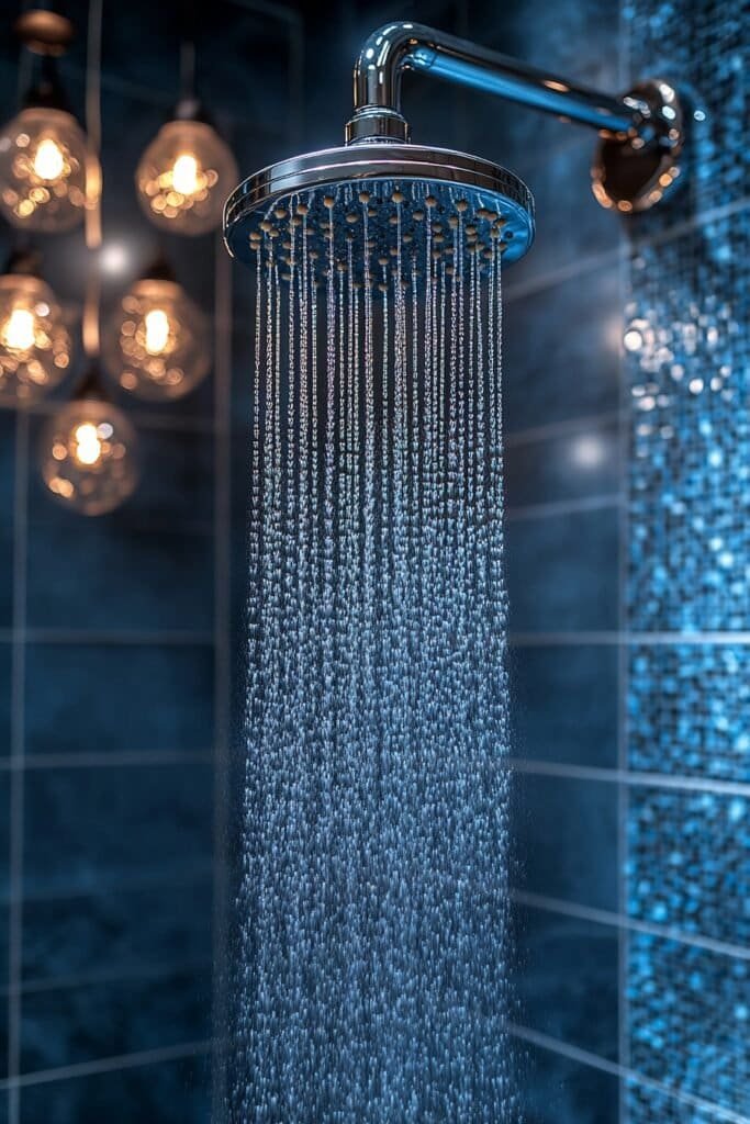 A well-maintained showerhead spraying water in a modern bathroom, highlighting water quality and addressing the question, is shower water safe to drink?