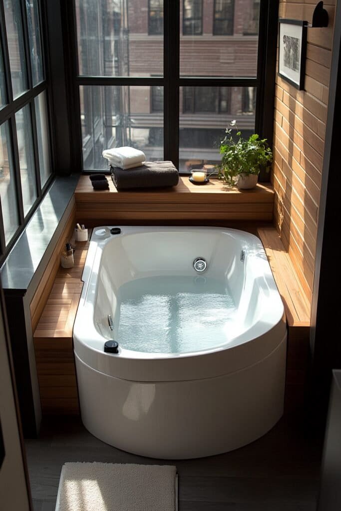 Compact two person bathtub ideal for smaller bathroom spaces.