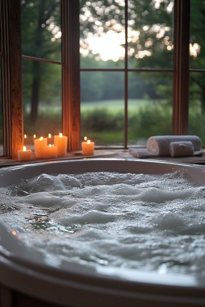 Dimly lit bathroom with candles for a relaxing Jacuzzi bubble bath