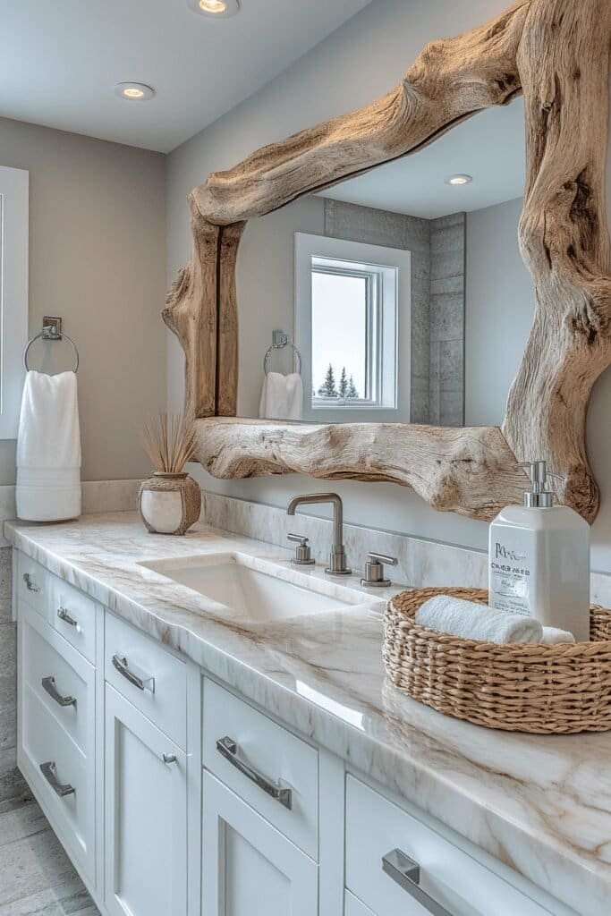 Coastal bathroom with a driftwood mirror and beachy accessories.