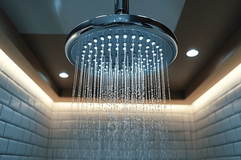 Close-up of a dripping shower head with water droplets forming.