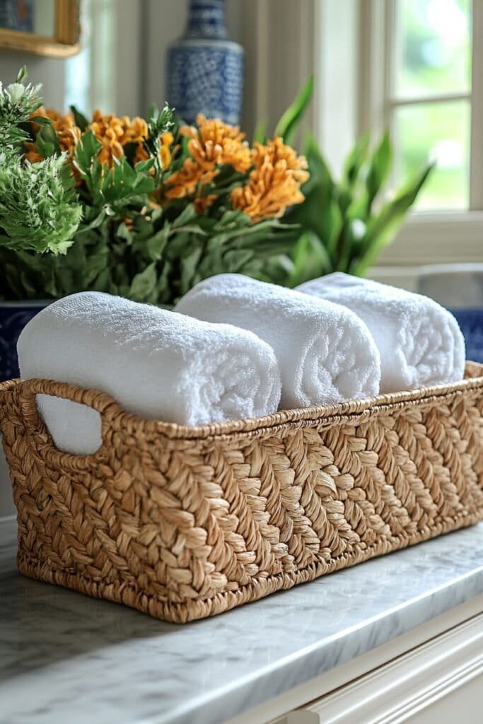 Elegant storage basket used for towels in a bathroom