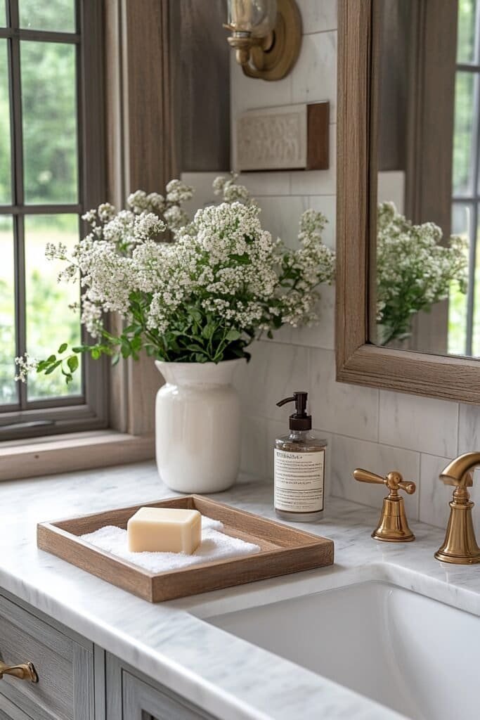 Elegant soap dispenser and vanity tray in a bathroom