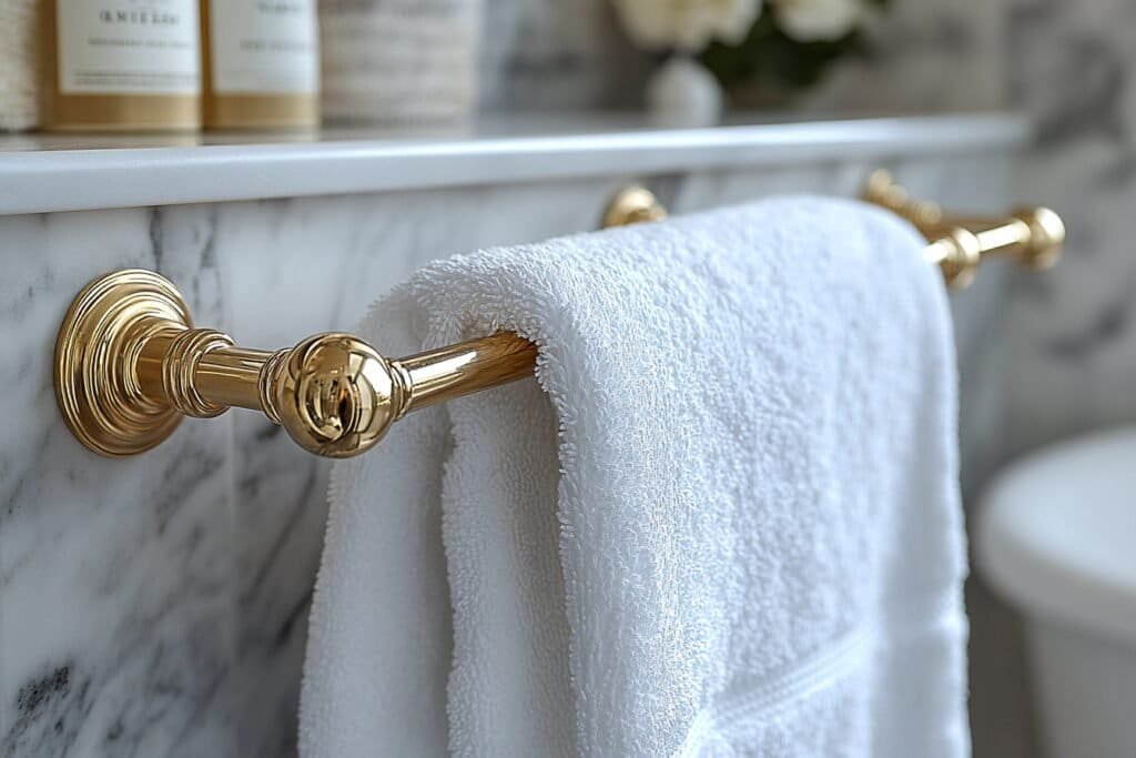 Elegant bathroom accessories featuring a brass towel bar