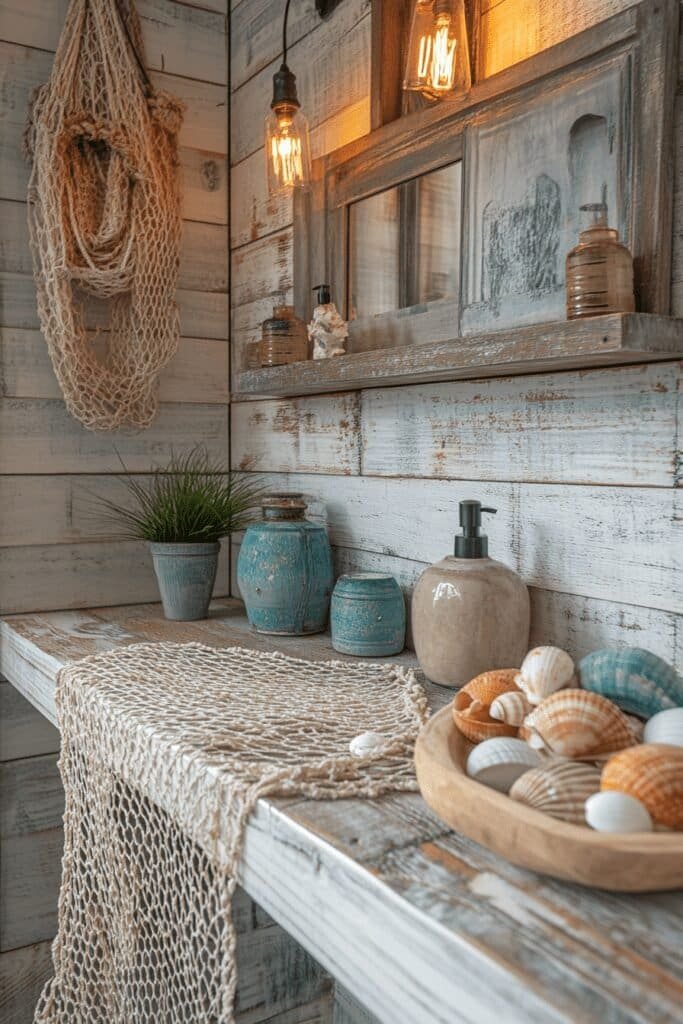 Fishing net decor in a fishing themed bathroom.