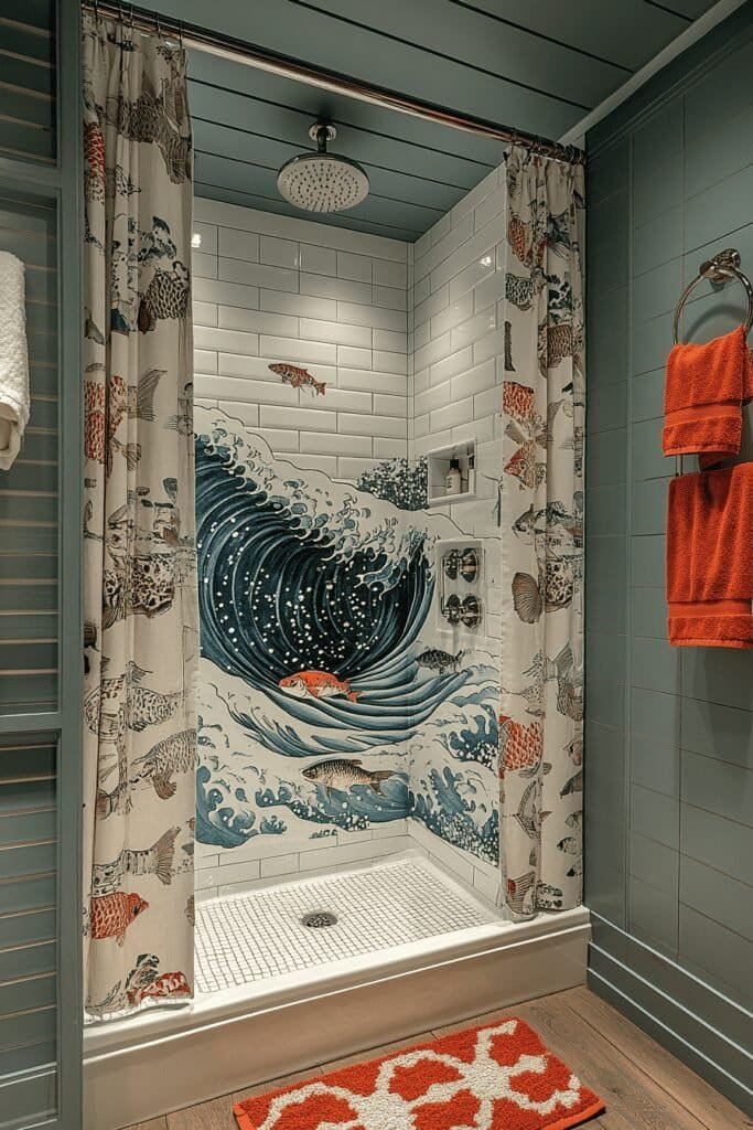 Shower curtain with fishing motifs in a themed bathroom.