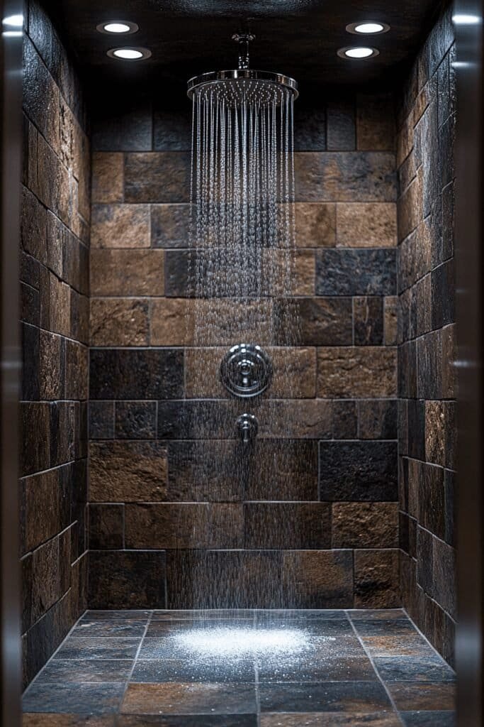 Handheld shower head in a white, modern bathroom.