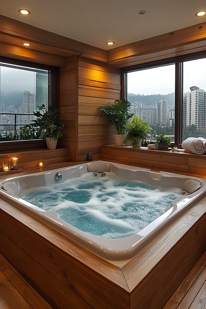 Luxury hotel bathroom featuring a modern air tub for guests.