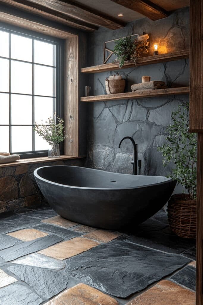 Japandi bathroom design with a freestanding bathtub and wooden elements.