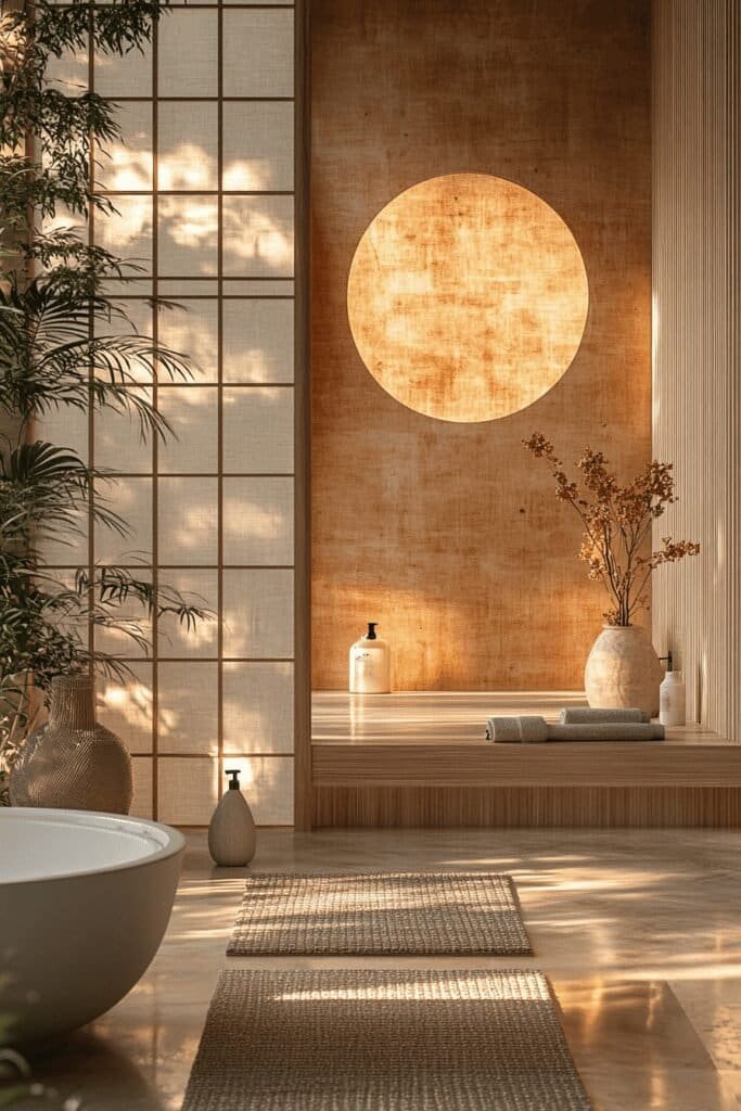 Japandi bathroom incorporating natural elements like bamboo, stone, and plants.