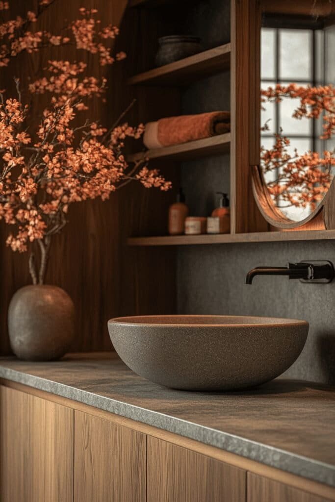 Japandi bathroom showcasing smart storage solutions with a clean, minimalist aesthetic.