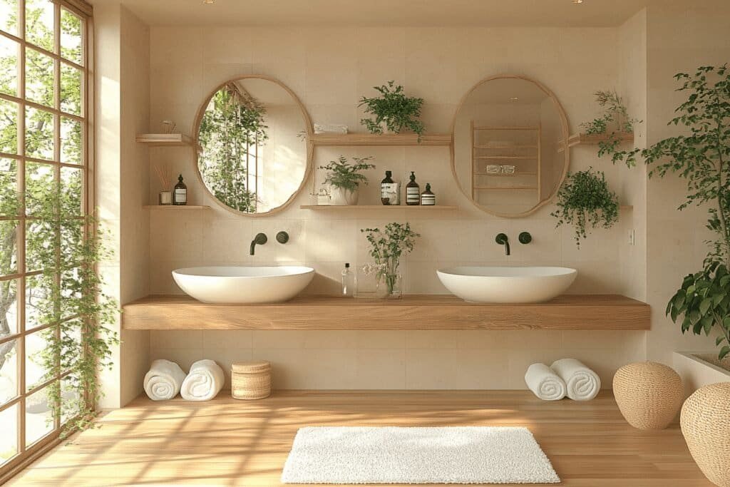 Japandi bathroom with natural wood accents and minimalist design.