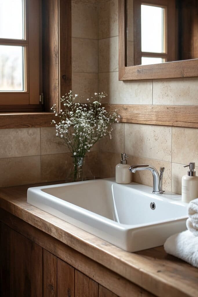 Bathroom mirror installed at an adjustable height for children.