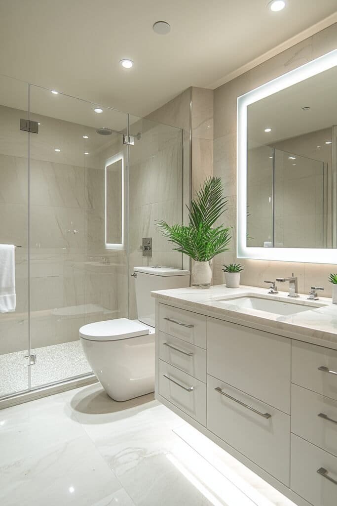 Backlit LED bathroom mirror installed at standard height.