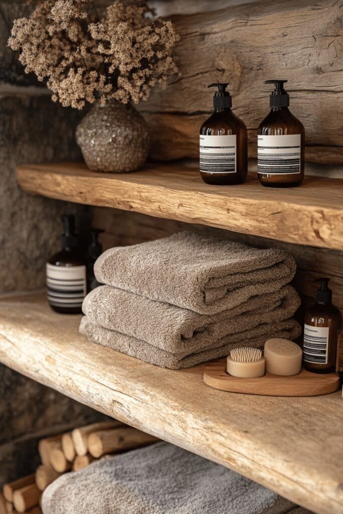 Teak wood shelves in a rustic log cabin bathroom.