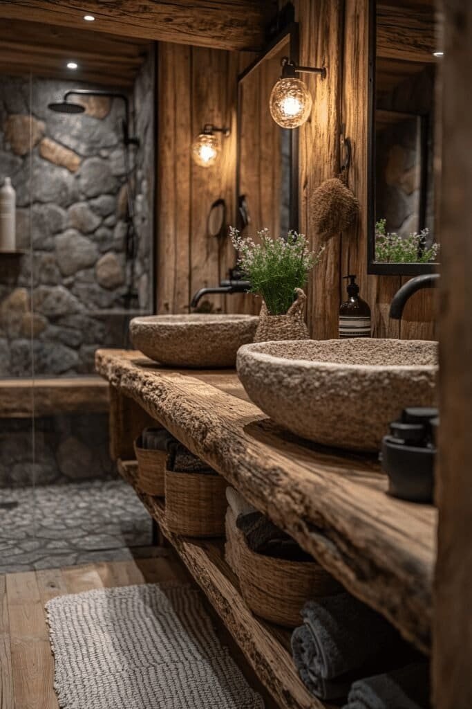 Vintage-inspired log cabin bathroom with wooden and stone accessories.