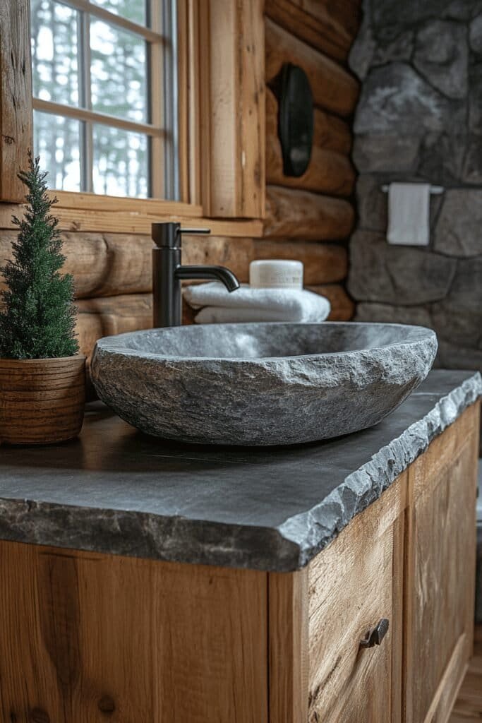 Log cabin bathroom with stone sink and wooden bathroom accessories.