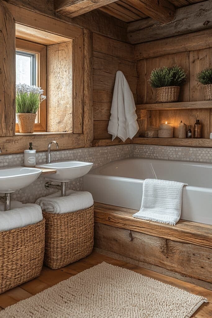 Log cabin bathroom with woven baskets and wooden bathroom decor.