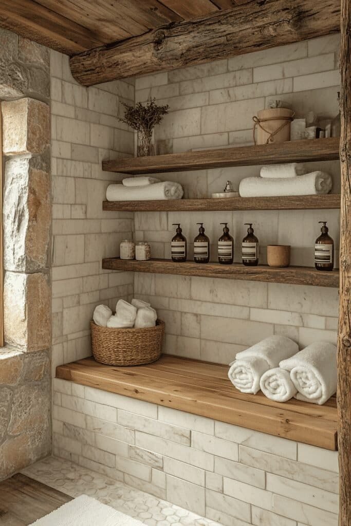 Teak wood bathroom accessories in a log cabin bathroom.