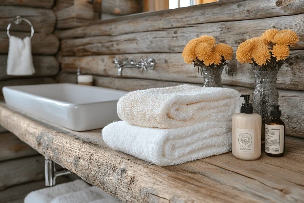 Wooden bathroom accessories in a rustic log cabin bathroom.