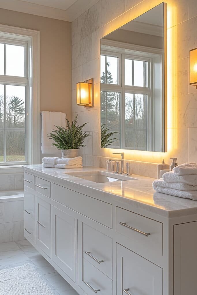  Luxurious bathroom with a clean, fog-free mirror and elegant lighting.